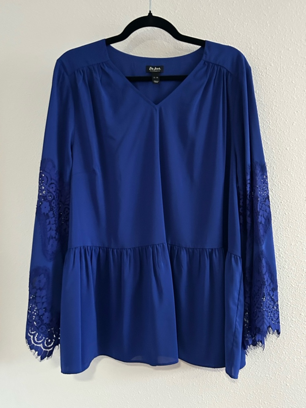 Du Jour Royal Blue V-Neck Peplum Blouse with Lace Sleeves